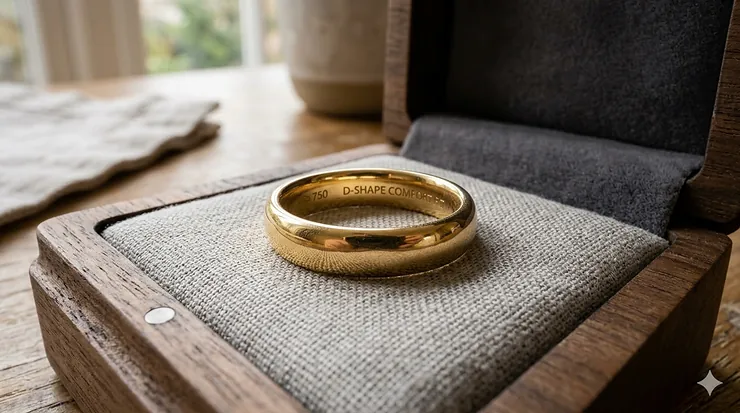A polished gold D-shape comfort band shown on a velvet ring box, highlighting the rounded exterior and smooth interior fit.