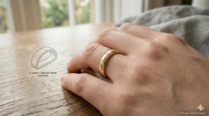 Illustration showing how a D-shape comfort band sits flush against the finger for a low profile.