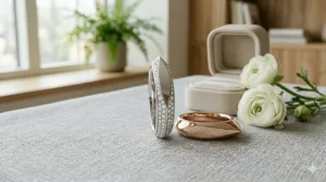 Modern knife edge design ring with pavé-set diamonds along the slanted shoulders.