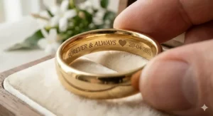 Close-up of the smooth, rounded interior of a comfort fit ring featuring a custom laser-engraved wedding date.