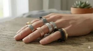 Four modern flat profile ring styles showcasing polished, matte, hammered, and sandblasted finishes.