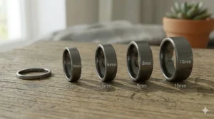 Comparison of modern flat profile ring widths ranging from 2mm to 10mm.