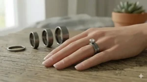 A modern flat profile ring used as a wedding band paired with a classic solitaire engagement ring.