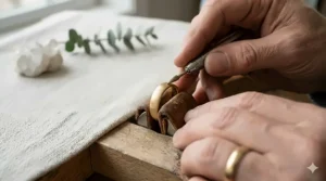 An artisan hand-finishing a modern matte surface band using specialized jewelry tools.