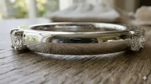 Close-up detail of the reflective mirror finish on a high polish diamond band.