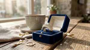 Illustration of a thick chunky diamond ring inside a velvet luxury jewelry box.