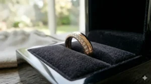 A high polish diamond band displayed in a velvet box under soft jewelry store lighting.