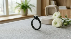 Contemporary matte black tungsten ring with a sharp modern knife edge design.