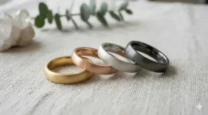 A collection of modern matte surface bands in silver, rose gold, and gunmetal grey.