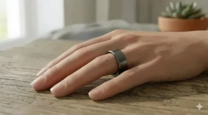 A wide 8mm modern flat profile ring in tungsten for a contemporary men's wedding band look.