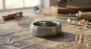 A brushed grey tungsten carbide comfort fit wedding band for men, showcasing the heavy-duty material and smooth inner edges.