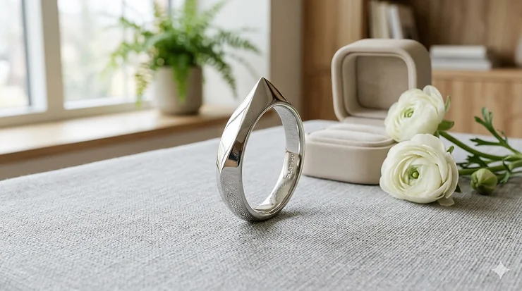 A luxury modern knife edge design ring in polished platinum showcasing the sharp slanted silhouette.