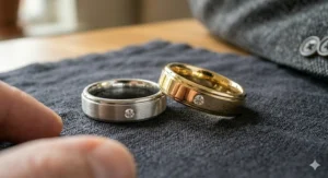 Two-tone wedding ring with a satin brushed center and high-polish beveled edges.