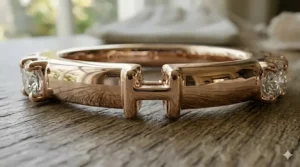 A 14k rose gold high polish diamond band with a glowing, smooth surface.