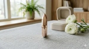 A minimalist rose gold wedding band featuring a modern knife edge design.