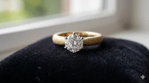 A solitaire diamond engagement ring with a unique sandblast texture on the band.