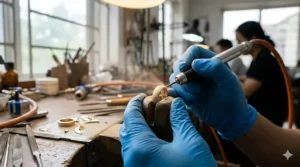 A jeweler applying a sandblast texture to a metal ring using professional abrasive equipment.