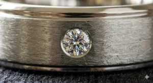 Macro view of the micro-scratched surface of a satin brushed wedding ring showing the non-reflective matte effect.