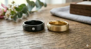 Side-by-side comparison of a satin brushed wedding ring versus a traditional high-polish gold band.