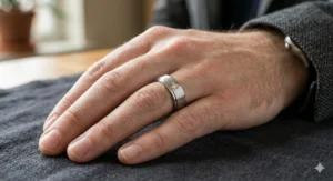 A groom wearing a 6mm wide satin brushed wedding ring in a lifestyle setting.