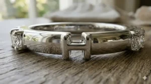 Side view of a high polish diamond band showing the secure prong setting and metal luster.