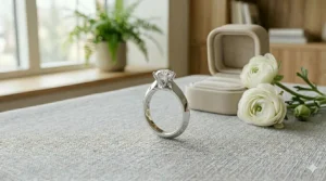 Round brilliant diamond solitaire set on a modern knife edge design ring shank.