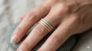 A stack of three thin rose gold minimalist bands with a delicate sandblast texture.