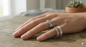 Three thin modern flat profile rings in mixed metals stacked together on a neutral surface.