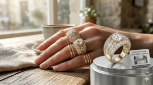 A chunky diamond dome ring with a thick tapered band and center brilliant-cut stone.