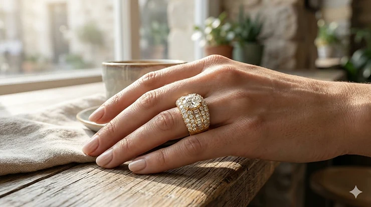 A luxury thick chunky diamond ring in 18k yellow gold featuring pavé set diamonds on a wide band.