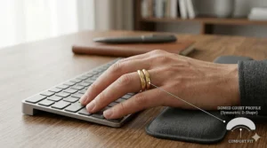 A person wearing a gold traditional court band while typing at a desk, demonstrating the comfort and natural fit of the domed profile.
