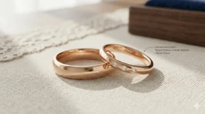 A matched set of rose gold traditional court bands, one plain and one with diamonds, illustrating unisex and couple-style appeal.