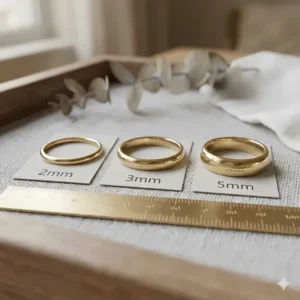 Comparison chart showing the scale of a 3mm classic wedding band next to 2mm and 5mm rings.