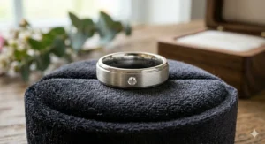 Modern white gold wedding ring with a vertical satin brushed finish for a contemporary look.