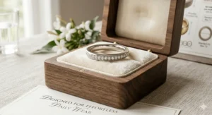 A slender white gold comfort fit wedding band featuring pavé-set diamonds, designed for effortless daily wear.