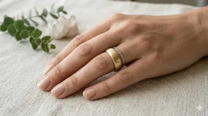 A woman styling a thin modern matte surface band paired with a diamond engagement ring.