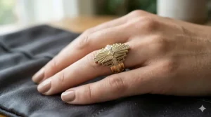 Close-up illustration of an Art Deco inspired geometric pattern ring with symmetrical architectural lines.