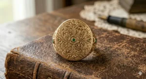Top-down view of a hand-engraved floral design concealing a secret locket ring compartment.
