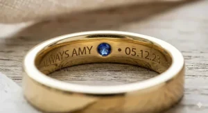 Close-up illustration of the interior engraving and hidden sapphire on a secret birthstone band.
