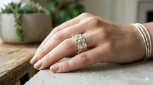 Top-down view of a thick band ring with a 3D embossed geometric pattern.
