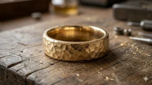 A wide men's wedding band in yellow gold with a rugged, hand-carved hammered texture and matte finish.