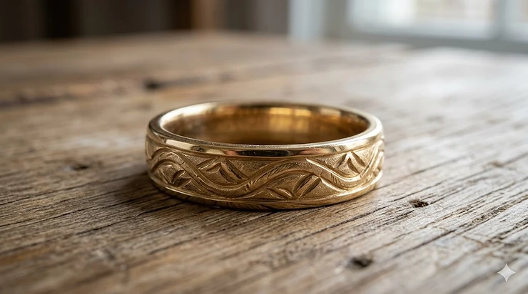 Close-up of a hand-carved 14k gold wedding band with intricate floral patterns on a rustic wooden background. hand carved wedding band