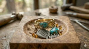 A jeweler using a specialized tool to carve a custom organic texture onto a wax ring mold.