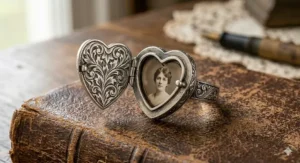 Romantic heart-shaped sterling silver ring with an integrated locket ring compartment for a photo.
