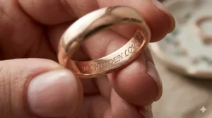 Macro view showing a romantic hidden inscription inside a silver wedding band.