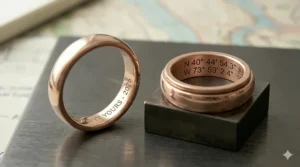 Side-by-side comparison of a standard engraved band versus a private hidden inscription ring.