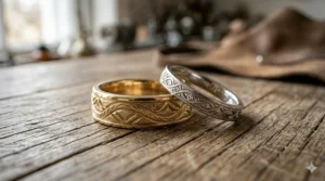 A matching his-and-hers set of hand-carved wedding bands in yellow gold and platinum with geometric knotwork engravings.