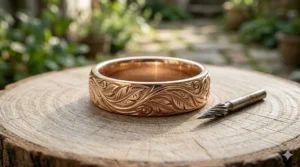 Hand-carved rose gold wedding band featuring a continuous organic leaf and vine motif on a natural wood slice.