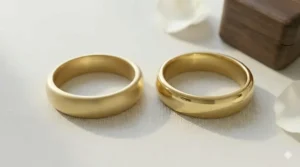 Two gold rings side-by-side illustrating the difference between a matte finish and a simple plain gold band with a polished shine.
