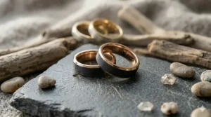 Masculine two tone finish ring featuring black tungsten and rose gold accents.